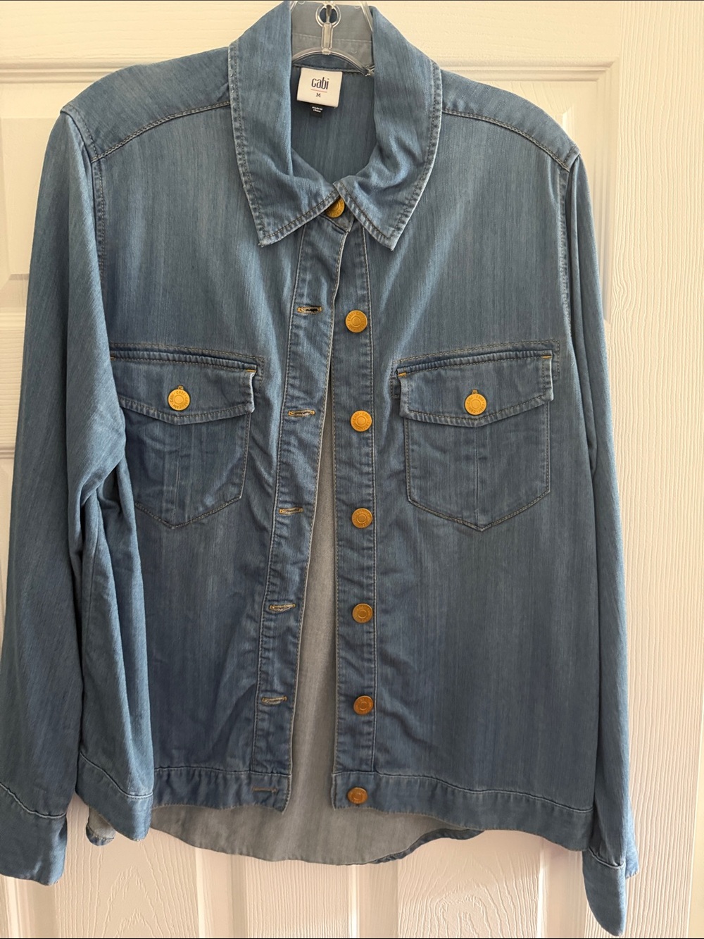 CAbi Light Blue Denim Jacket with Gold Buttons